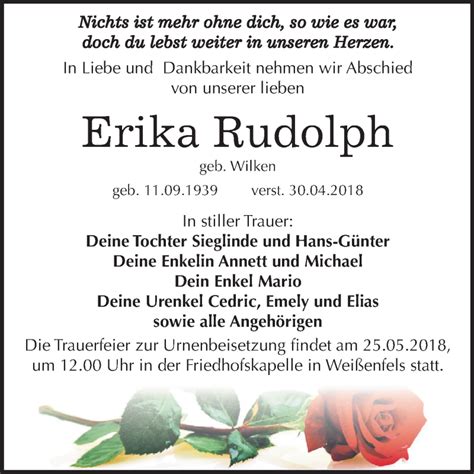 Traueranzeigen Von Erika Rudolph Abschied Nehmen De