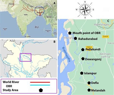 A) World river map, B) Bangladesh river map and C) Study area map of ...