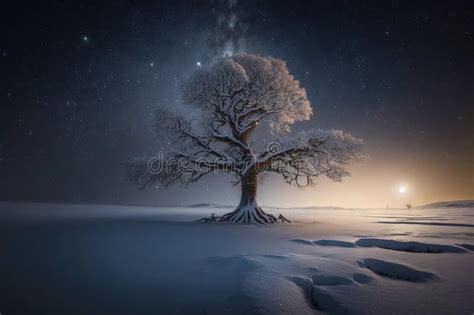 A Lone Tree In A Snowy Field Under A Night Sky Stock Photo Image Of