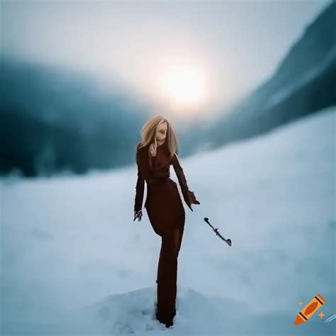 Woman Enjoying A Snow Covered Mountain Trip On Craiyon