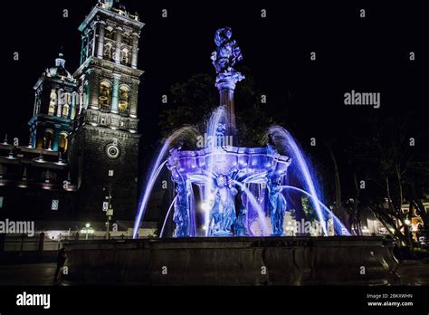 Zocalo Puebla Mexico, principal square at night in a Mexican Colonial ...