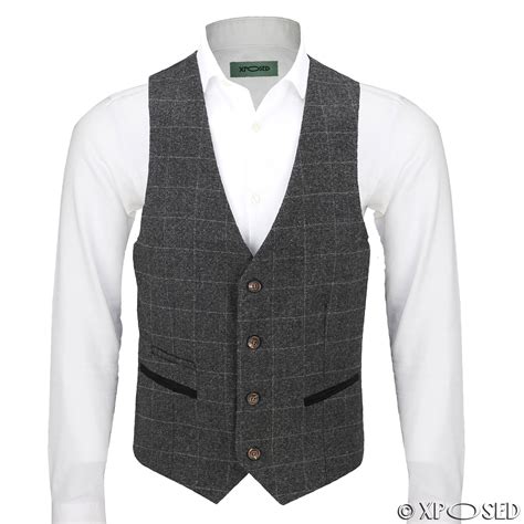 Mens Vintage Formal Tweed Herringbone Check Waistcoat Smart Casual