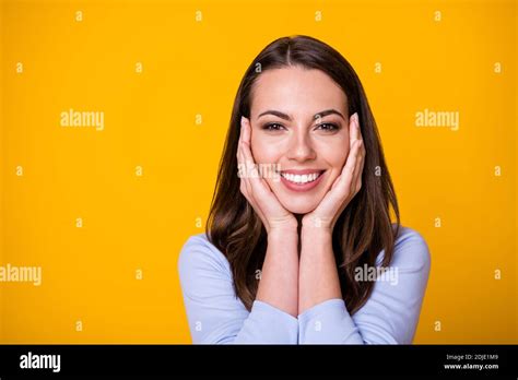 Coseup Photo Of Attractive Cheerful Lady Good Mood Arms On Cheekbones