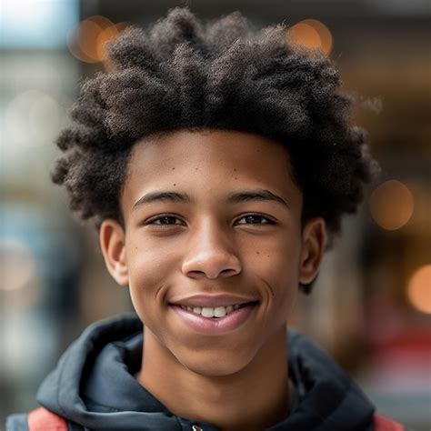 Premium Ai Image A Boy With Curly Hair And A Black Hoodie With A Red