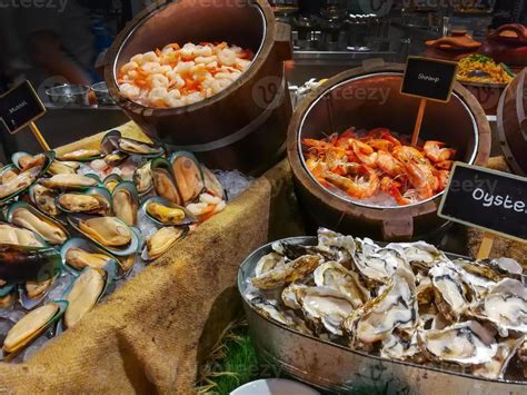 Fresh Sea Food On Counter Bar In Restaurant Stock Photo At