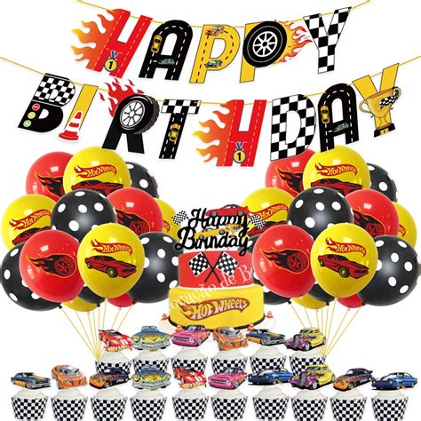 New Hot Wheels Racing Party Decor Happy Birthday Party Banner Racing Balloon Sports Car Cake