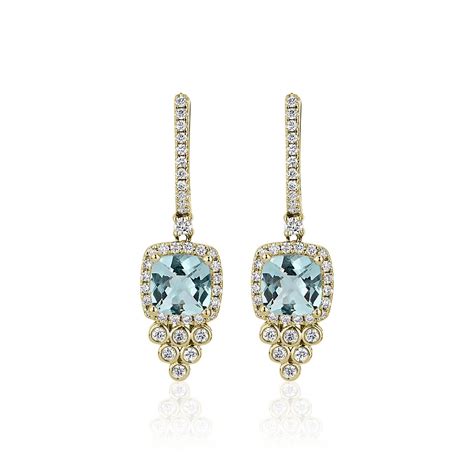 Cushion Cut Aquamarine and Diamond Drop Earrings in 14k Yellow Gold ...