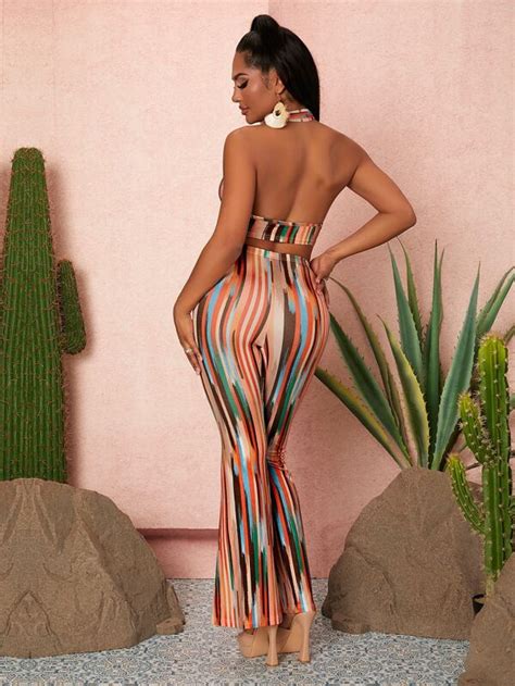 Shein Sxy Block Striped Tie Backless Crop Halter Top Flare Leg Pants