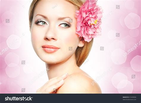 Closeup Beautiful Woman Face Flower Stock Photo 91449836 Shutterstock