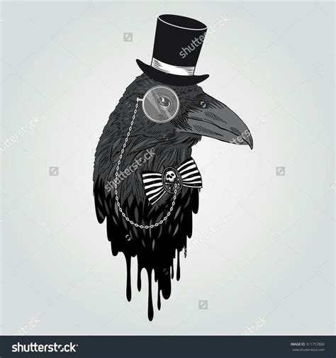 Black Raven Portrait Tall Hat Monocle Stock Vector Royalty Free