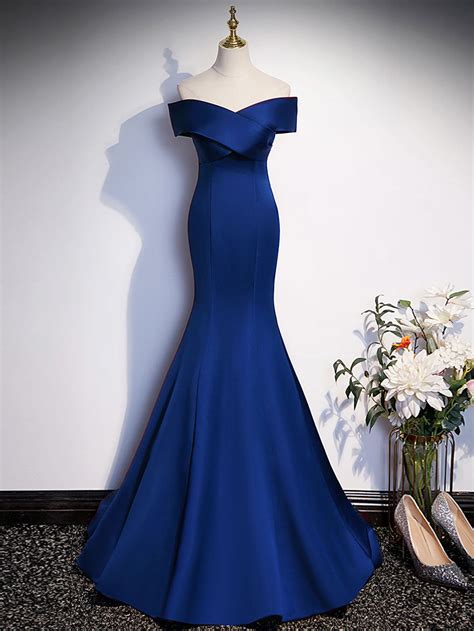 Royal Blue Mermaid Satin Long Prom Dress Off Shoulder Blue Evening Dr Shopluu