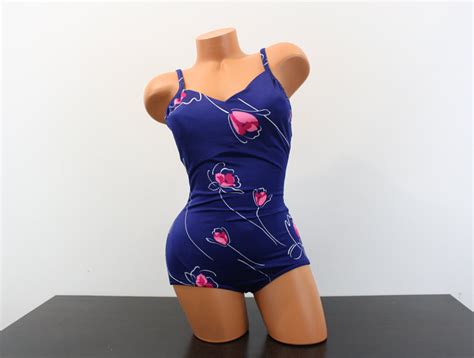 1960s Swimsuit One Piece Pin Up Bathing Suit Blue Pink Tulips Etsy Israel