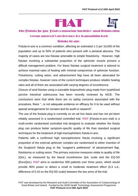 PDF The Fistula In Ano Trial Comparing Surgisis Anal Fistula Plug