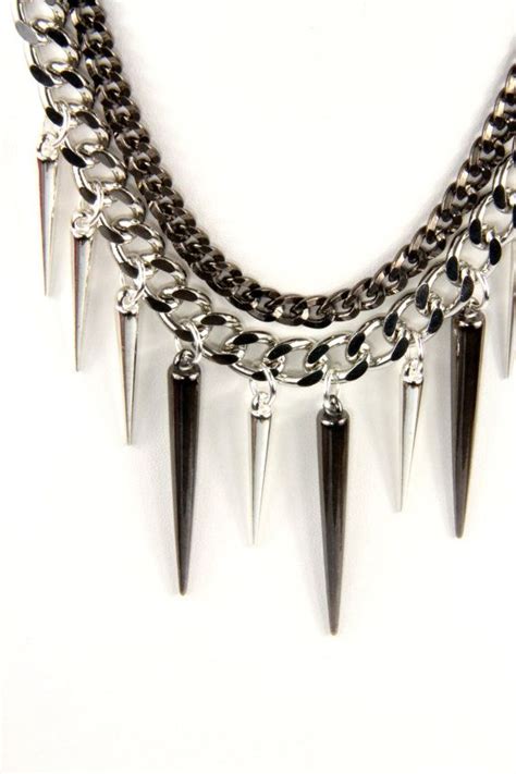 Jewels For Ghouls Multi Chain Gunmetal And Silver Spike Necklace By