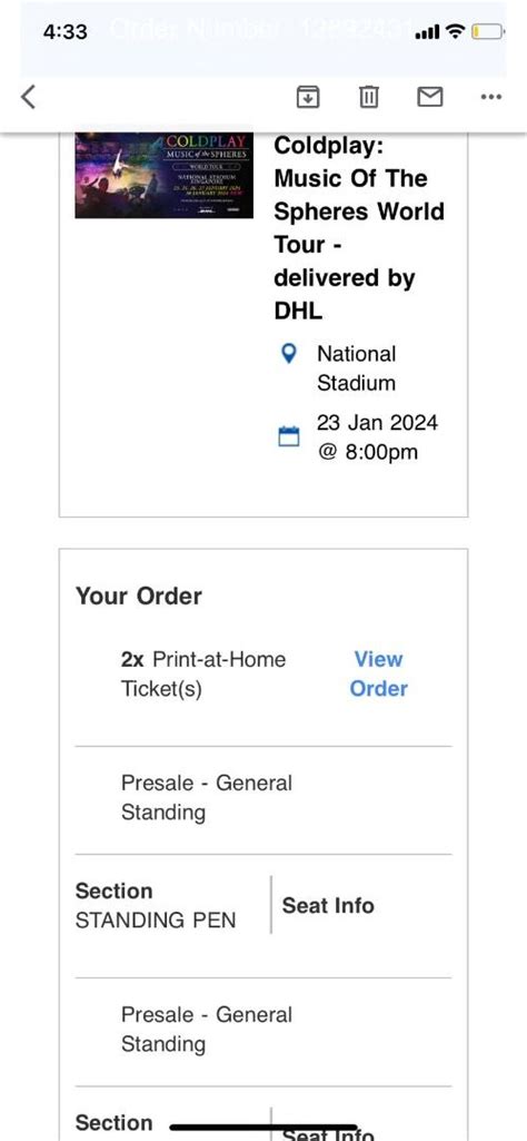 Coldplay Singapore 23 January 2024 General Standing 2 Tickets