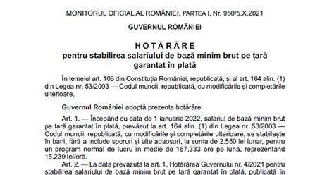 HG nr 1071 2021 stabilirea salariului de bază minim brut pe țară