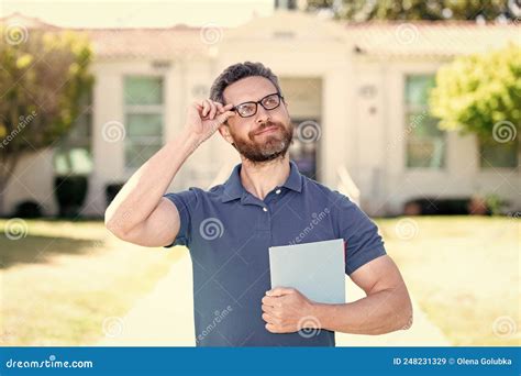 Mature Teacher Nerd Looking Smart In Eyeglasses With Paper Sheet School Stock Image Image Of