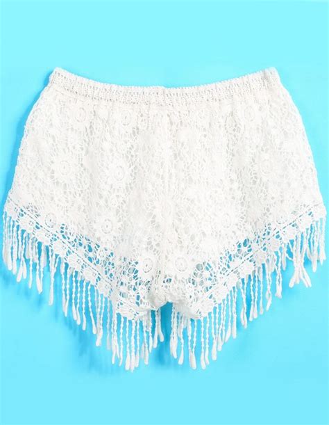 White Elastic Waist Tassel Lace Shorts Sheinsheinside