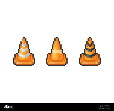 Pixel Art Bit Road Safety Traffic Cones Set Isolated Vector