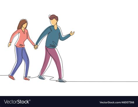 Single One Line Drawing Happy Man Pulled Woman Vector Image