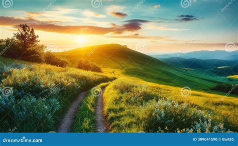 Serenade Of Nature Picturesque Winding Path Through Green Grass Field In Hilly Morning Dawn