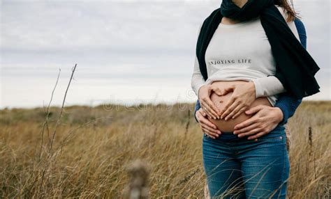 Pregnant Making Heart With Hands On Naked Belly With Partner Stock Image Image Of Mother