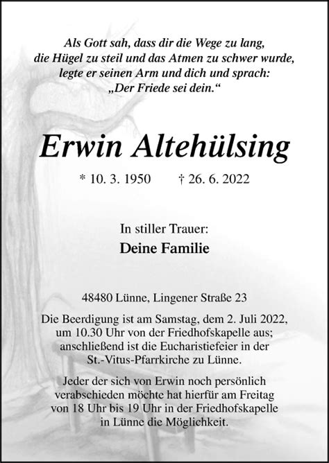 Traueranzeigen von Erwin Altehülsing noz Trauerportal