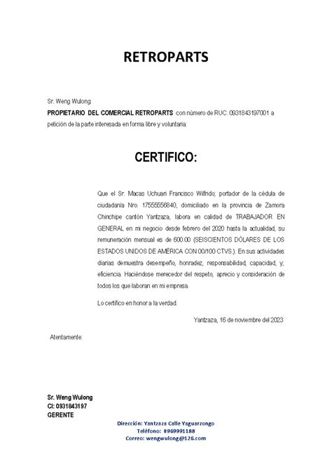 Certificados De Trabajo 1 Dirección Yantzaza Calle Yaguarzongo
