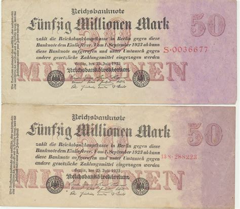 Deutschland 50 Millionen Mark 1923 2 Reichsbanknoten Reichsdruck Und