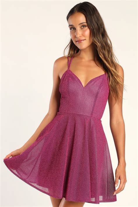 Sparkly Skater Dress Magenta Skater Dress Lace Up Dress Lulus