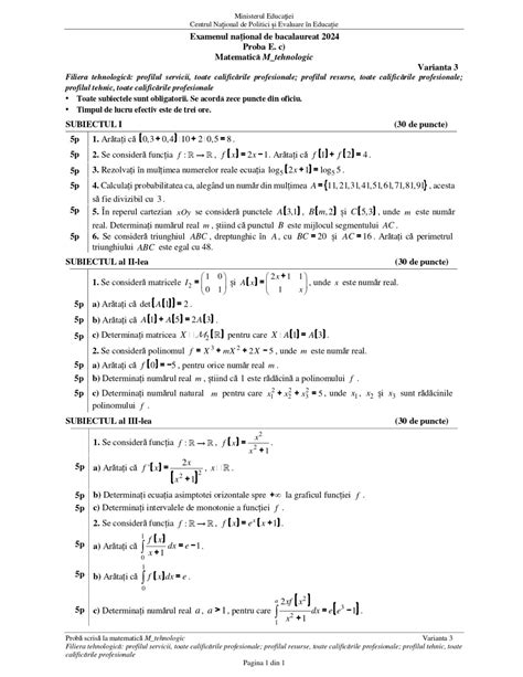 Ultima Or Subiecte I Bareme Matematic Bacalaureat Sesiunea