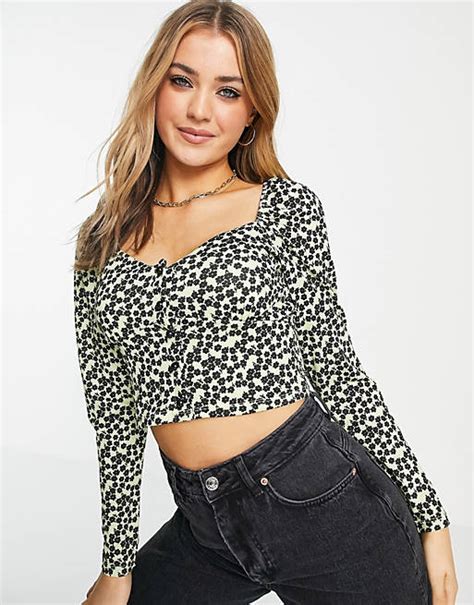 Miss Selfridge Long Sleeve Button Seam Detail Crop Top Asos