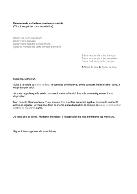 Demande De Solde Bancaire Insaisissable DOC PDF Page 1 Sur 1