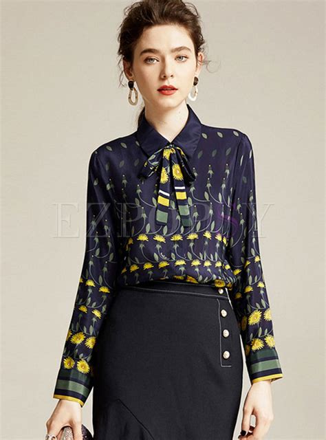 Lapel Bowknot Print Silk Blouse Printed Silk Blouses Blouse Stand