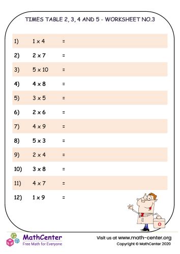 Times Table 2 3 4 And 5 Worksheet No 3 Worksheets Math Center