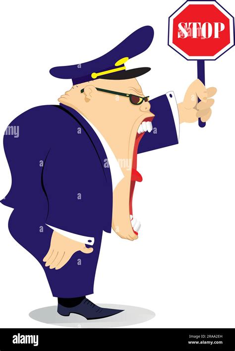 Cartoon Police Officer Shouting Traffic Police Officer Holding A Stop