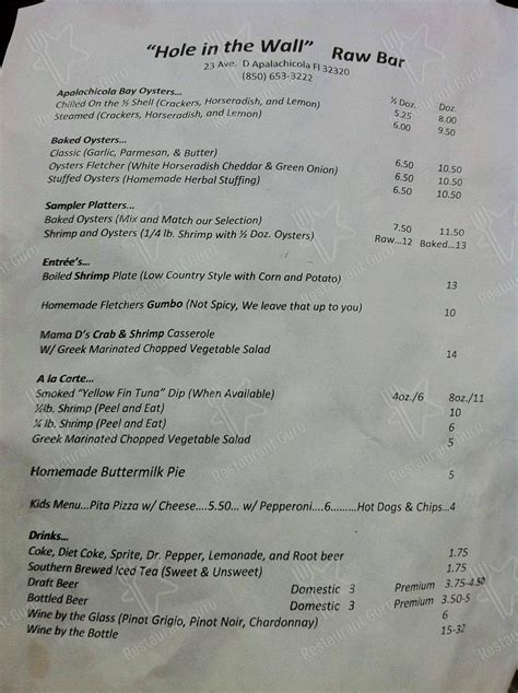 Menu at Hole In the Wall Raw Bar And Seafood, Apalachicola