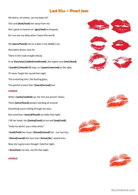 Song Last Kiss Warmer Filler Français Fle Fiches Pedagogiques Pdf