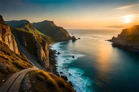 Premium AI Image | A winding road leads to a cliff edge with a sunset in the background.