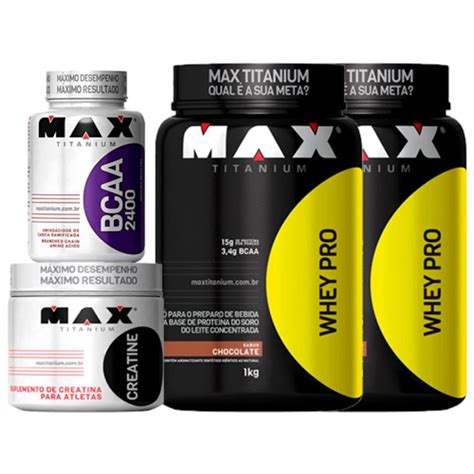 Kit Combo 2 Whey Pro 1kg Bcaa Creatina Max Titanium Submarino