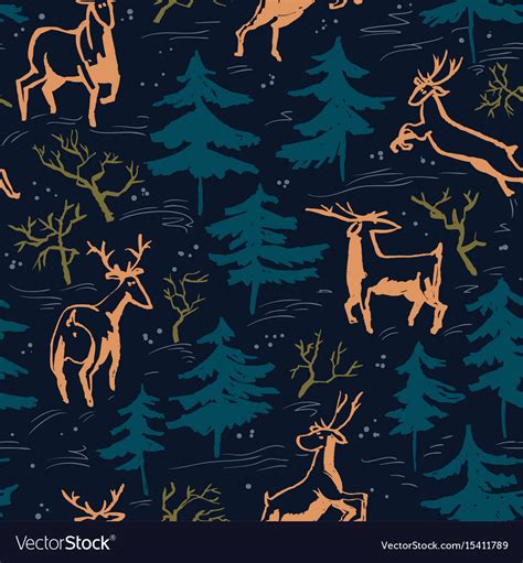 Hand Drawn Winter Seamless Pattern With Deer Vector Image