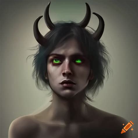 Dark Portrait Of A Mysterious Man With Green Eyes And Horns