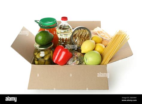 Donation Box With Food Isolated On White Background Stock Photo Alamy