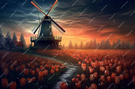 Premium Ai Image Windmill In A Field Of Tulips With A Sunset Background