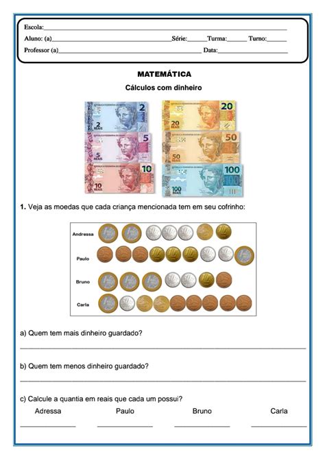 👍matemática Sistema Monetário Atividade De Matemática Sobre O Sistema