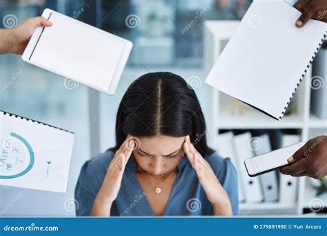 Headache Stress And Multitask Business Woman With Time Management