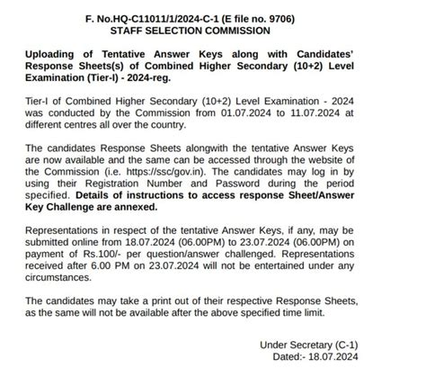 Ssc Chsl Answer Key 2024 Out Tier 1 Response Sheet Pdf