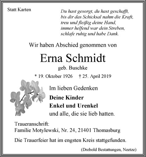 Traueranzeigen von Erna Schmidt Trauer Lüneburg de