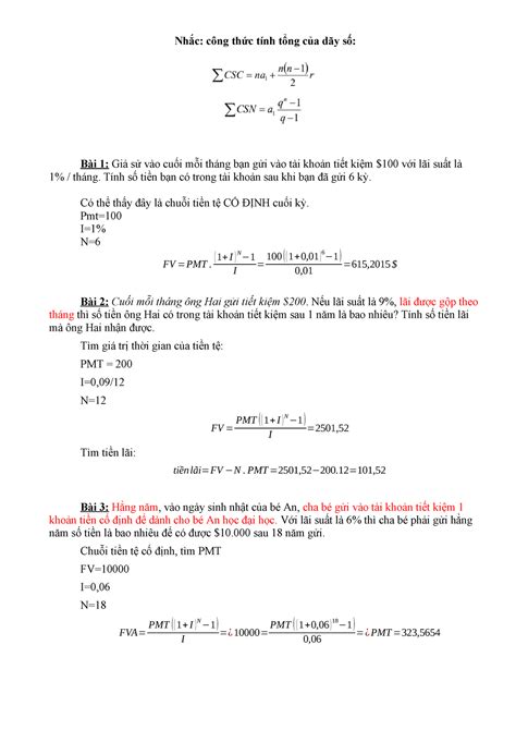 Bài Tập 2 1 Giá Trị Thời Gian Của Tiền Tệ Nhắc Công Thức Tính Tổng Của Dãy Số Bài 1 Giả Sử