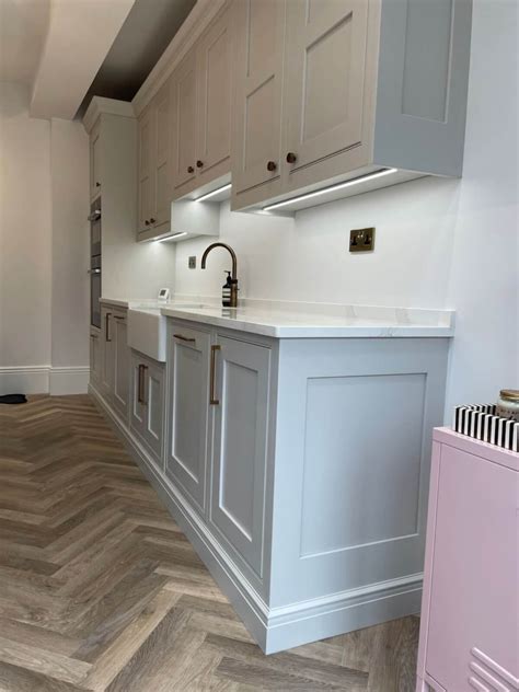 Pale Smoke And Prussian Blue Kitchen Fitted In Hertford Kitchen